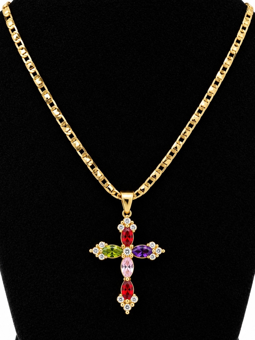 Gold-Tone Multicolor Gem Cross Pendant Necklace - Women Jewelry